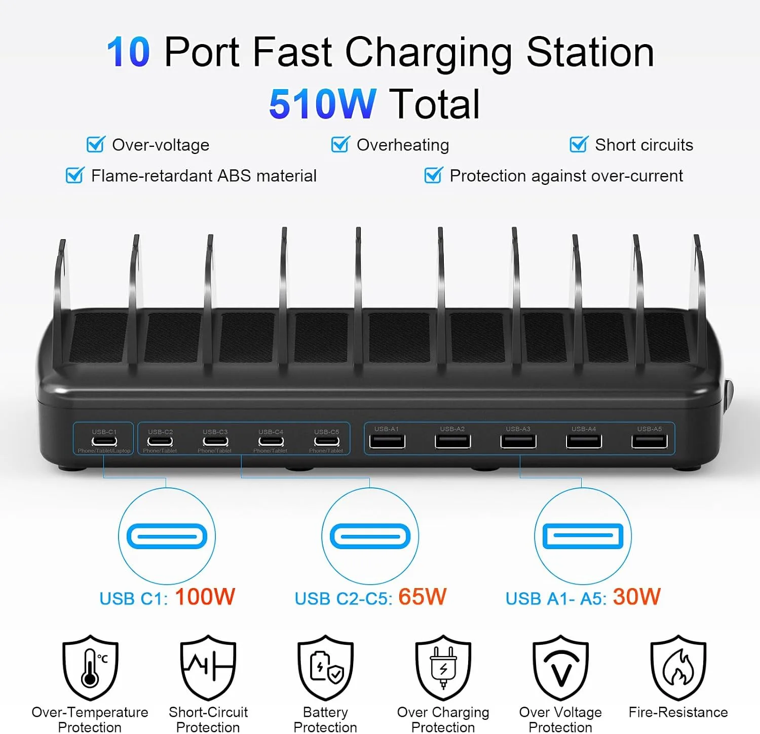 510W Charging Station for Multiple Devices, 10 Ports Charger Organizer
