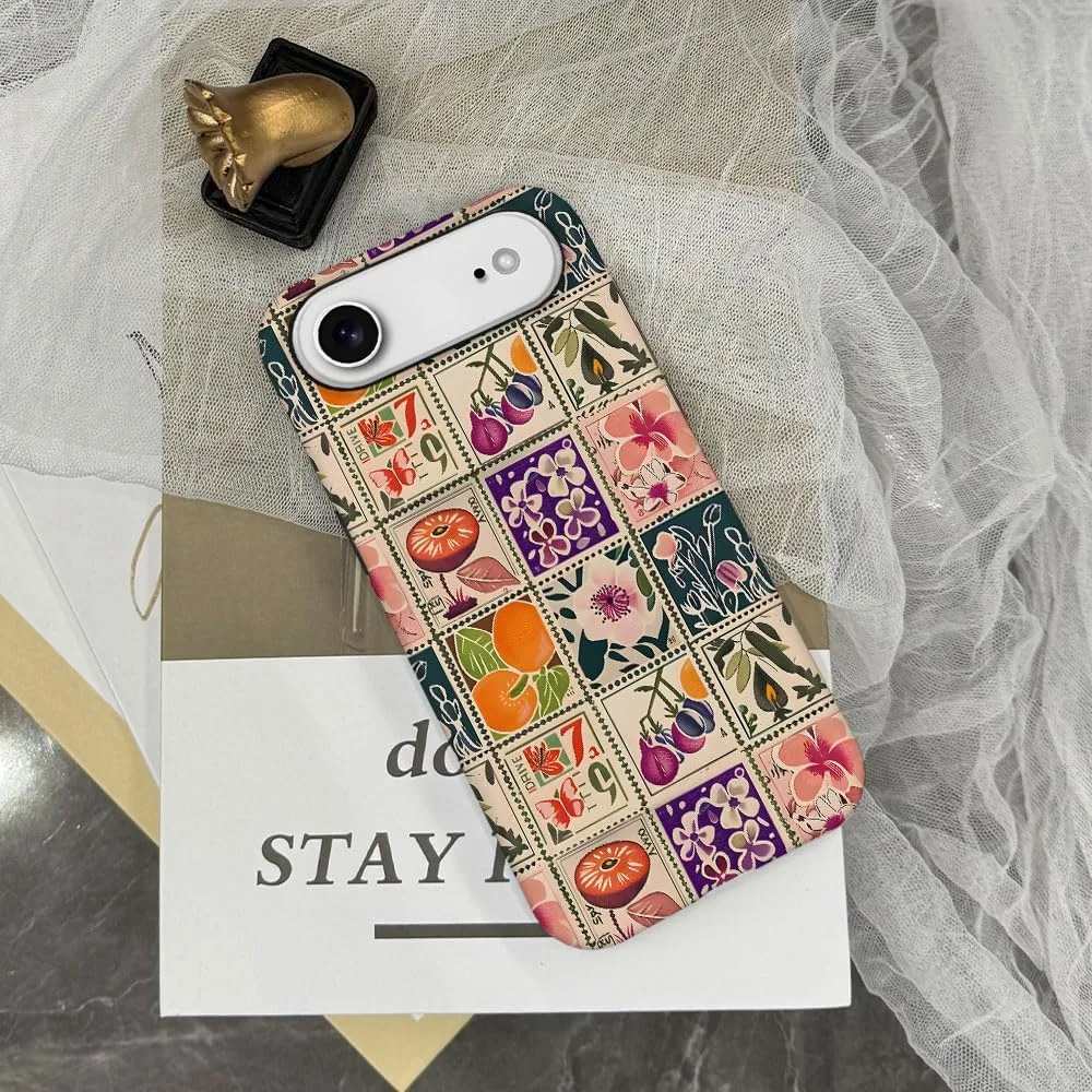 Case Compatible with iPhone 17 Air,Fall Prevention Hybrid 2-Layer Hard Shell Phone Cover for Girls Boys,Vintage Flower Orange Stamp Collage