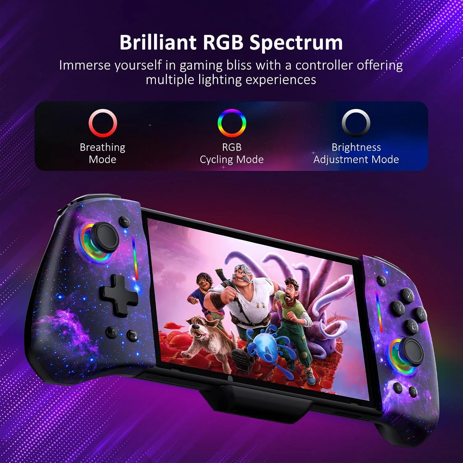 NexiGo Hall Effect Gripcon (No Drift, No Deadzone) with Hall Sensing Joystick for Switch/Switch OLED, Adjustable RGB Light, 6-Axis Gyro, Turbo, Mapping (Cosmic Nebula)