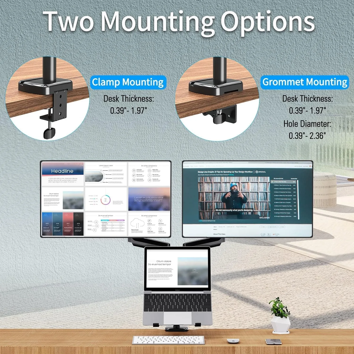 MOUNTUP Dual Monitor and Laptop Mount, Adjustable Monitor Stand for 2 Max 27" Computer Screens, Laptop Tray Fits 10-17inch Notebook, Holds 4.4-17.6lbs Per Arm, 3-in-1 Adjustable Monitor Desk Mount