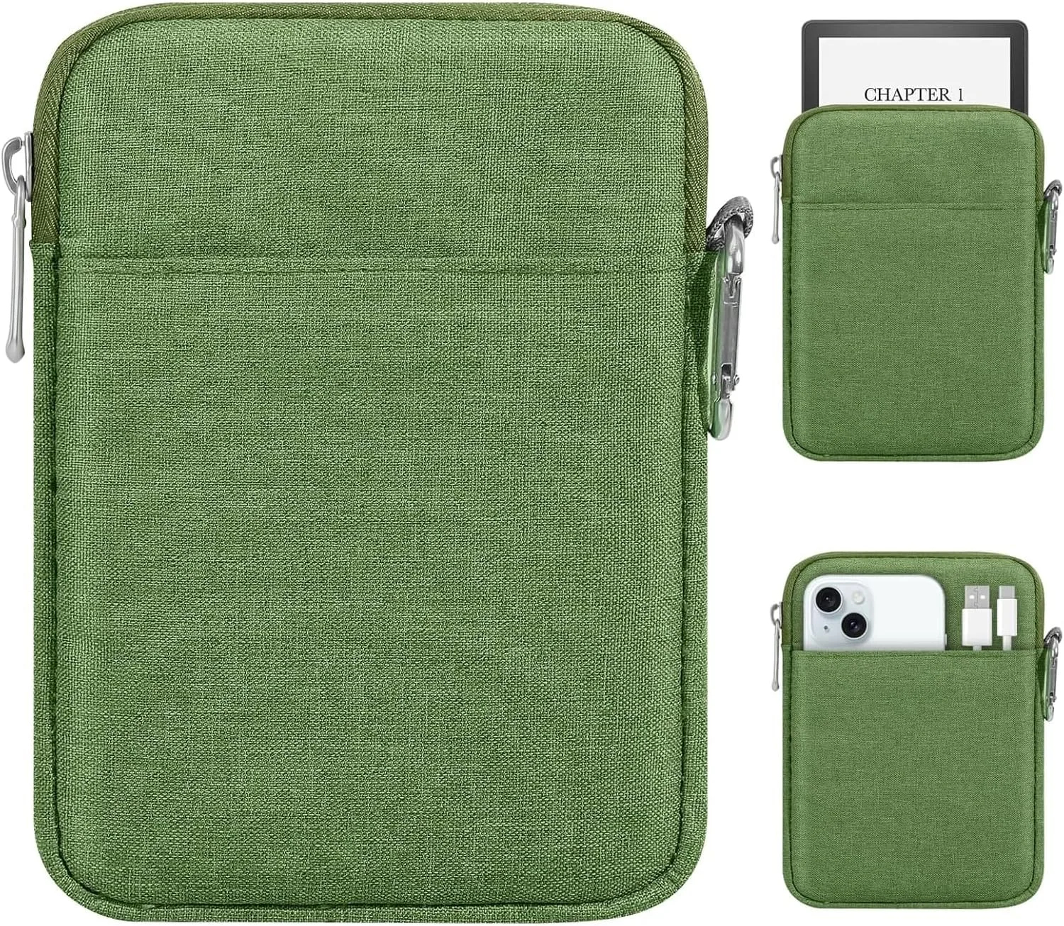 MoKo Padded Ereader Sleeve Case for 6-7 inch Tablet Bag Protective Cover Pouch with a Carabiner, Compatible with 7" eReader Colorsoft Signature Edition 2024, Grass Green