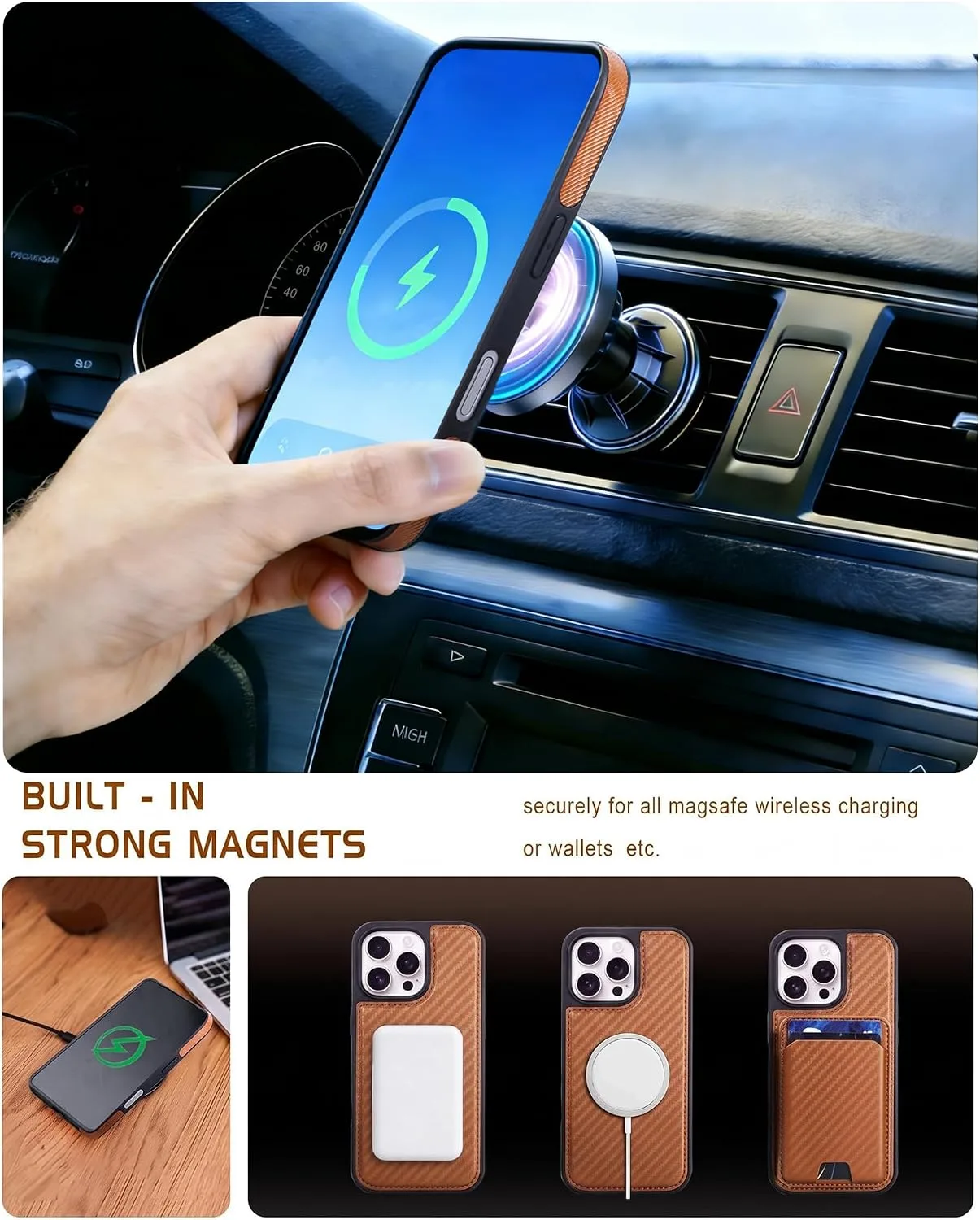 Magnetic Detachable Wallet Case for iPhone 16 Pro with Kickstand,2-in-1 MagSafe Compatible RFID Blocking Card Holder,Slim PU Leather Cover Carbon Coffee