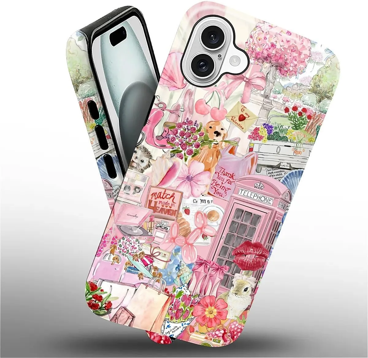 DAIZAG Case for iPhone 16,Mixed 2 Layer Design Shockproof Soft TPU Ddouble Protection Phone Case for iPhone 16-Cute Pink Animal Garden Collage