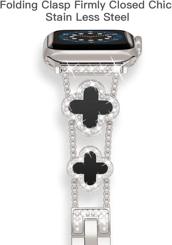 Musk-MSKR Diamond Metal Bands Add Sparkle to Your Watch For Apple Watch Series 12/11/10/9/8/7/6/5/4/3/2/SE/Ultra Clover Simple and Stylish Compatible with 38mm40mm41mm42mm44mm45mm 46mm49mm Women's Wear