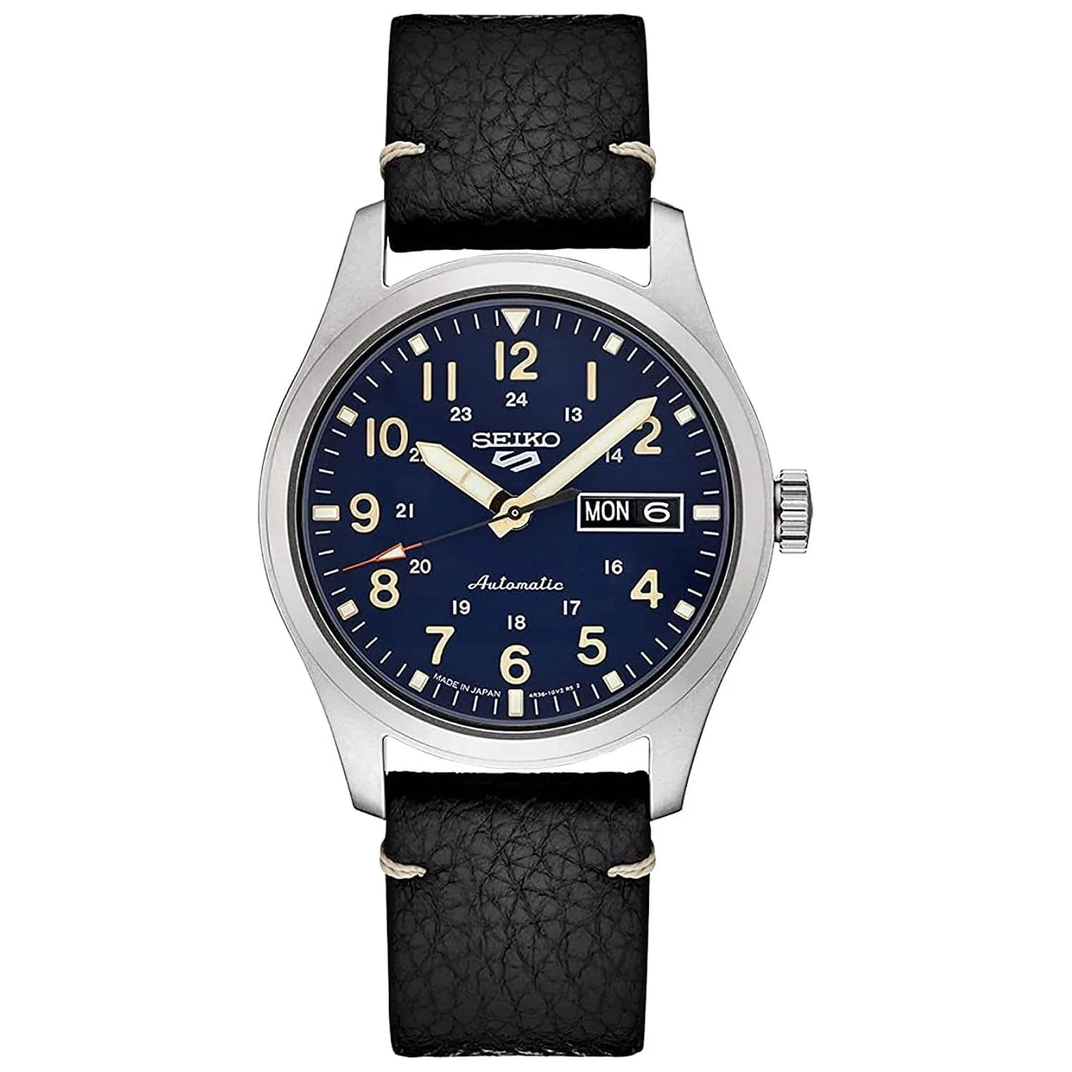 SEIKO SRPG39 Watch for Men - 5 Sports - Automatic with Manual Winding Movement, Blue Dial, Stainless Steel Case, Black Leather Strap, 100m Water Resistant, and Day/Date Display