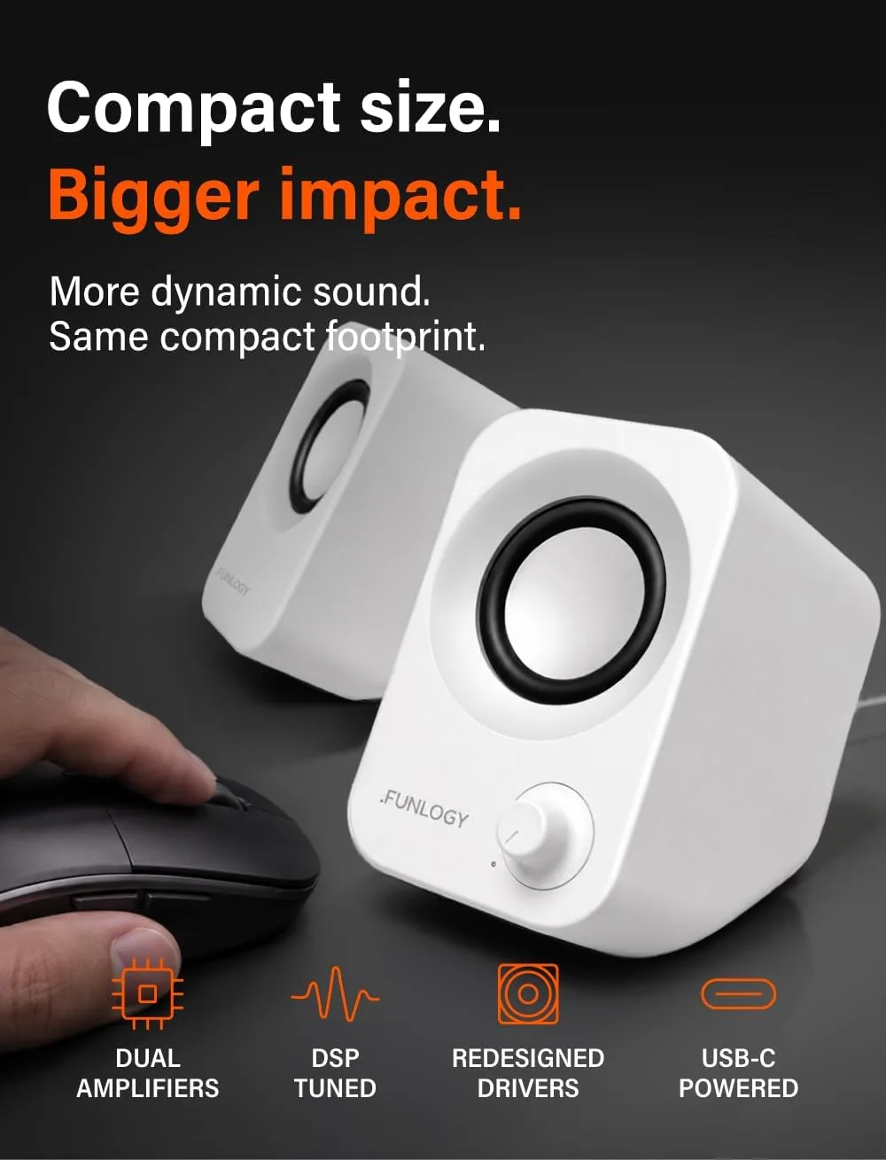 FUNLOGY Speaker Plus - 14W Stereo PC Speakers, Dual Amplifiers & DSP Tuned, USB-C Powered, 3.5mm AUX, Compact Desktop Speakers with 30° Tilt, for PC, Laptop, Monitor & Gaming,White