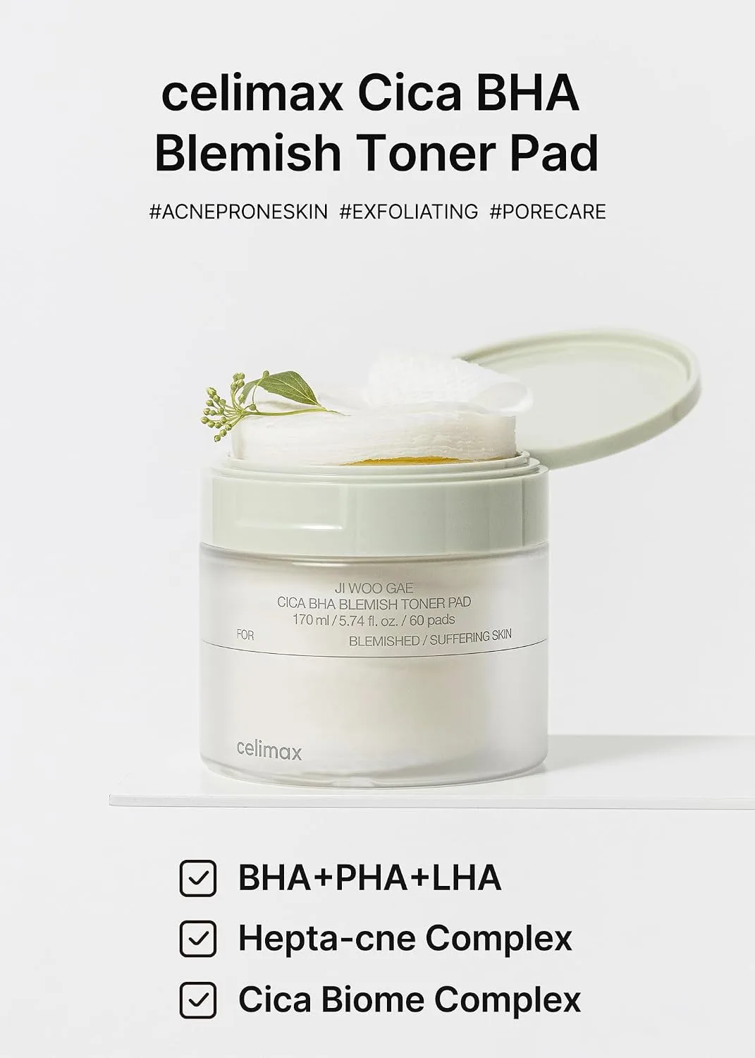 celimax Ji.Woo.Gae CICA BHA Blemish Toner Pad, 60 Pads