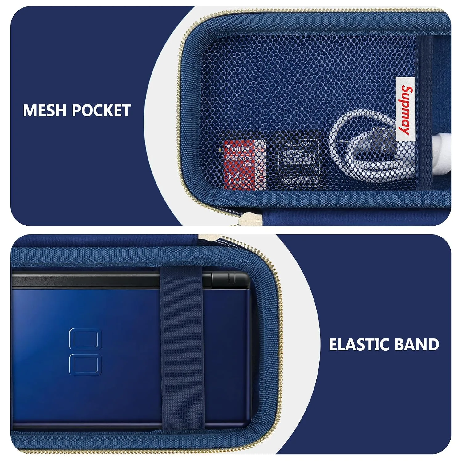 Supmay Hard Carrying Case Compatible with Nintendo DS Lite NDSL, Gameboy Advance Games Storage Holder Travel Bag with Mesh Pocket for USB Charging Cable, Stylus, Earphones, Game Cartridge, Blue
