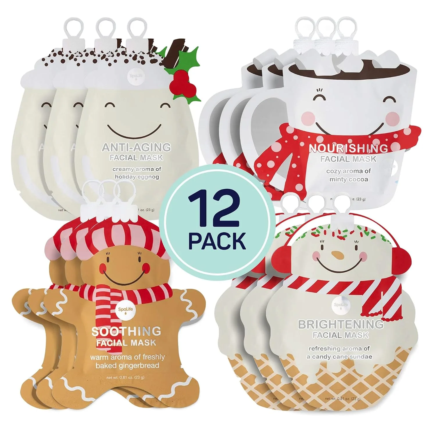 SpaLife Beauty Holiday Treats Christmas Face Mask Bundle | Korean Facial Mask | Hydrating, Soothing and Moisturizing Sheet Mask Set | Gifts & Stocking Stuffers for Women | 12 Pack