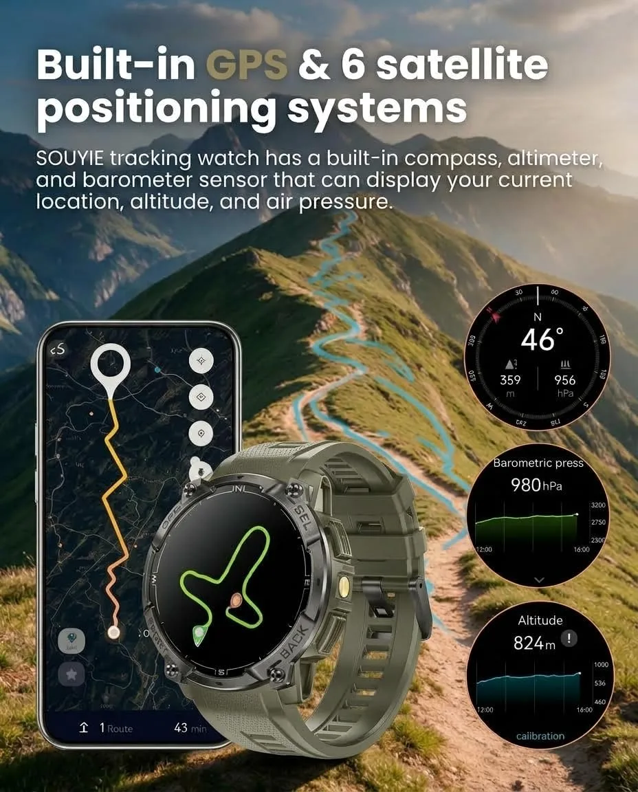 Military Smart Watch for Men, Built-in GPS, Bluetooth Call, 3ATM Waterproof