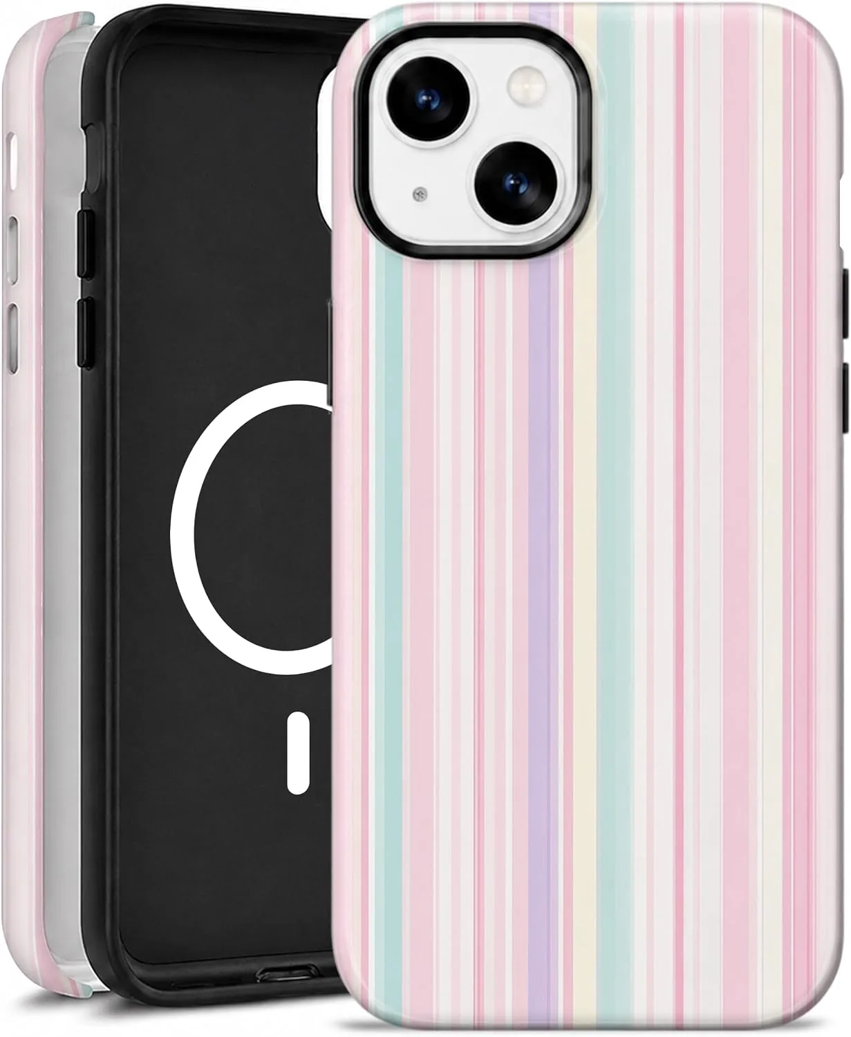 Funda magnética para iPhone 13/14 Elystara rayas pastel rosa