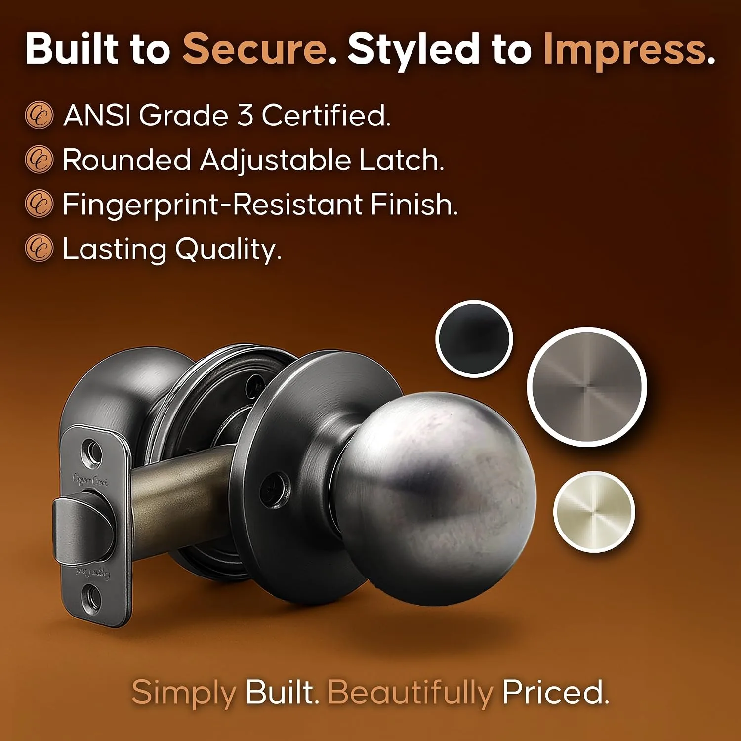 Copper Creek Passage Interior Door Knob – ANSI Grade-3 Certified, Modern Heavy Duty Handle, Easy Install and Reversible for Bedroom, Bathroom & Closets – Antique Nickel (1 Pack)
