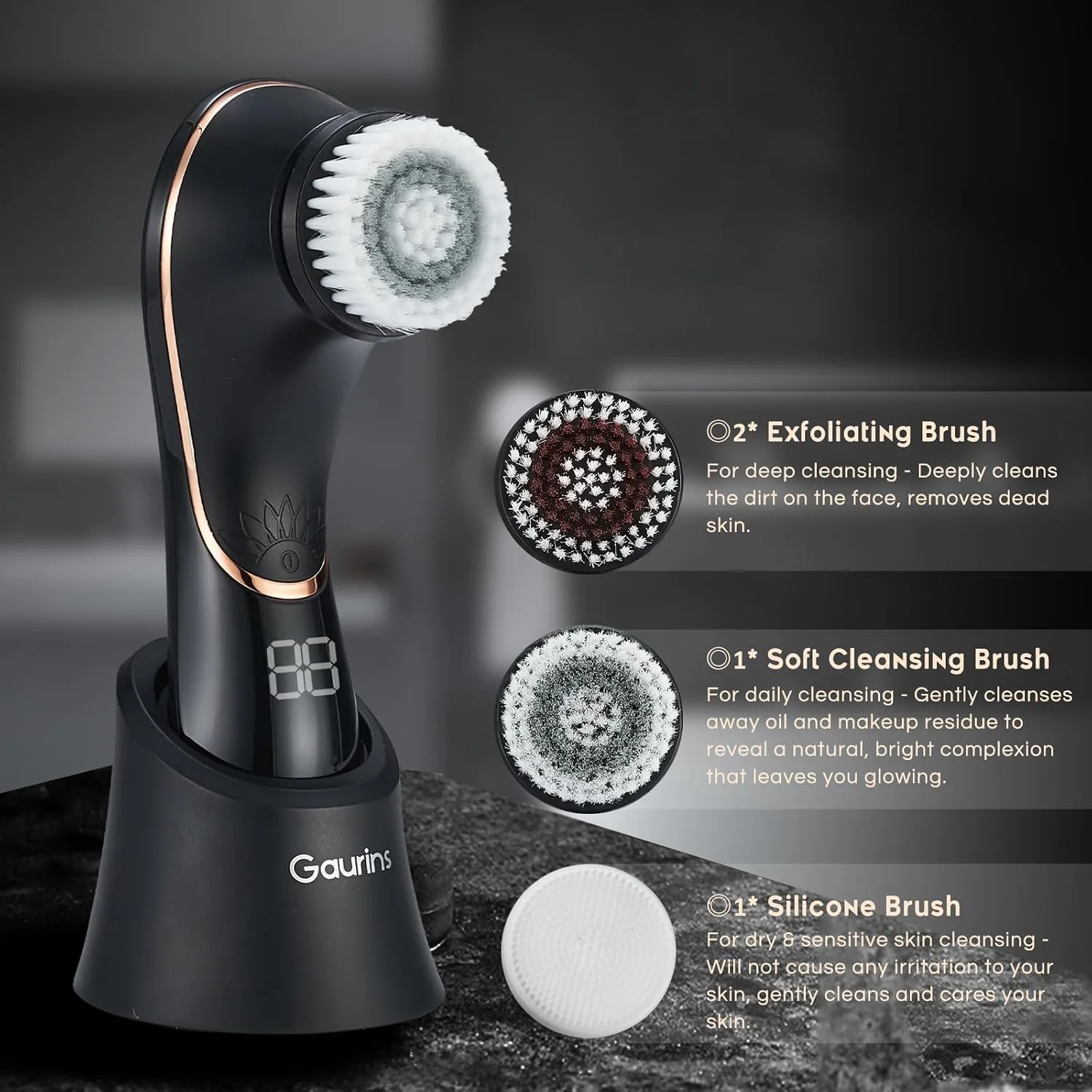 Facial Cleansing Brush, Rechargeable Electric Face Scrubber, 2-Speed Modes