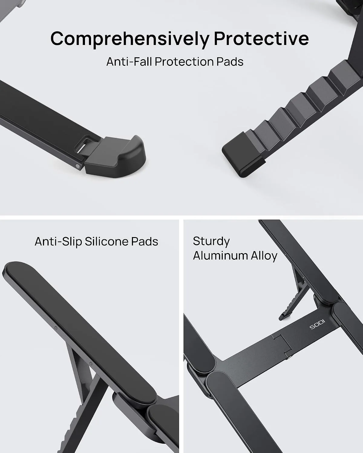 SODI Ultra Compact Foldable Laptop Stand - Portable Laptop Holder for Desk & Travel Use, Ergonomic Aluminum Computer Holder with Adjustable Height for MacBook, Tablet 10-16" (Dark Black, Bi-Fold)