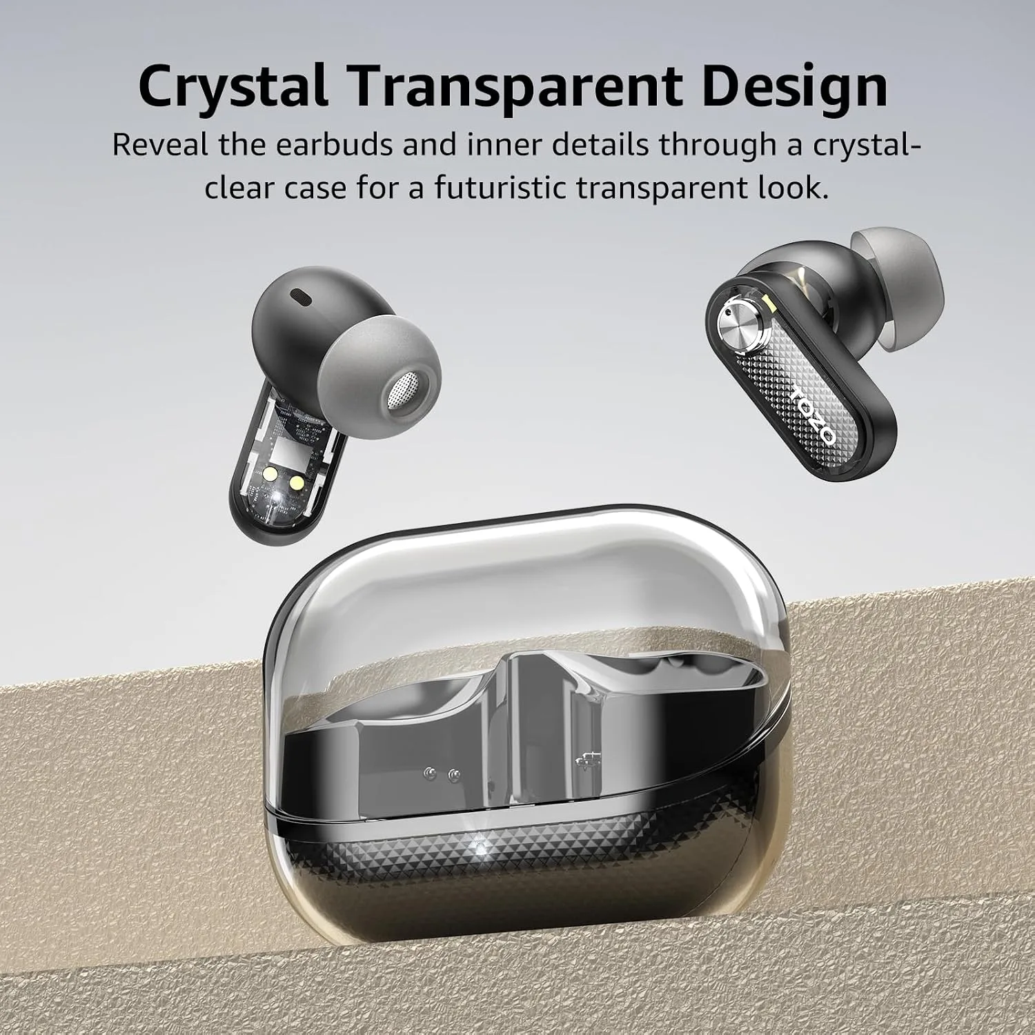 TOZO Crystal Pods Hybrid Active Noise Cancelling Wireless Earbuds, Black