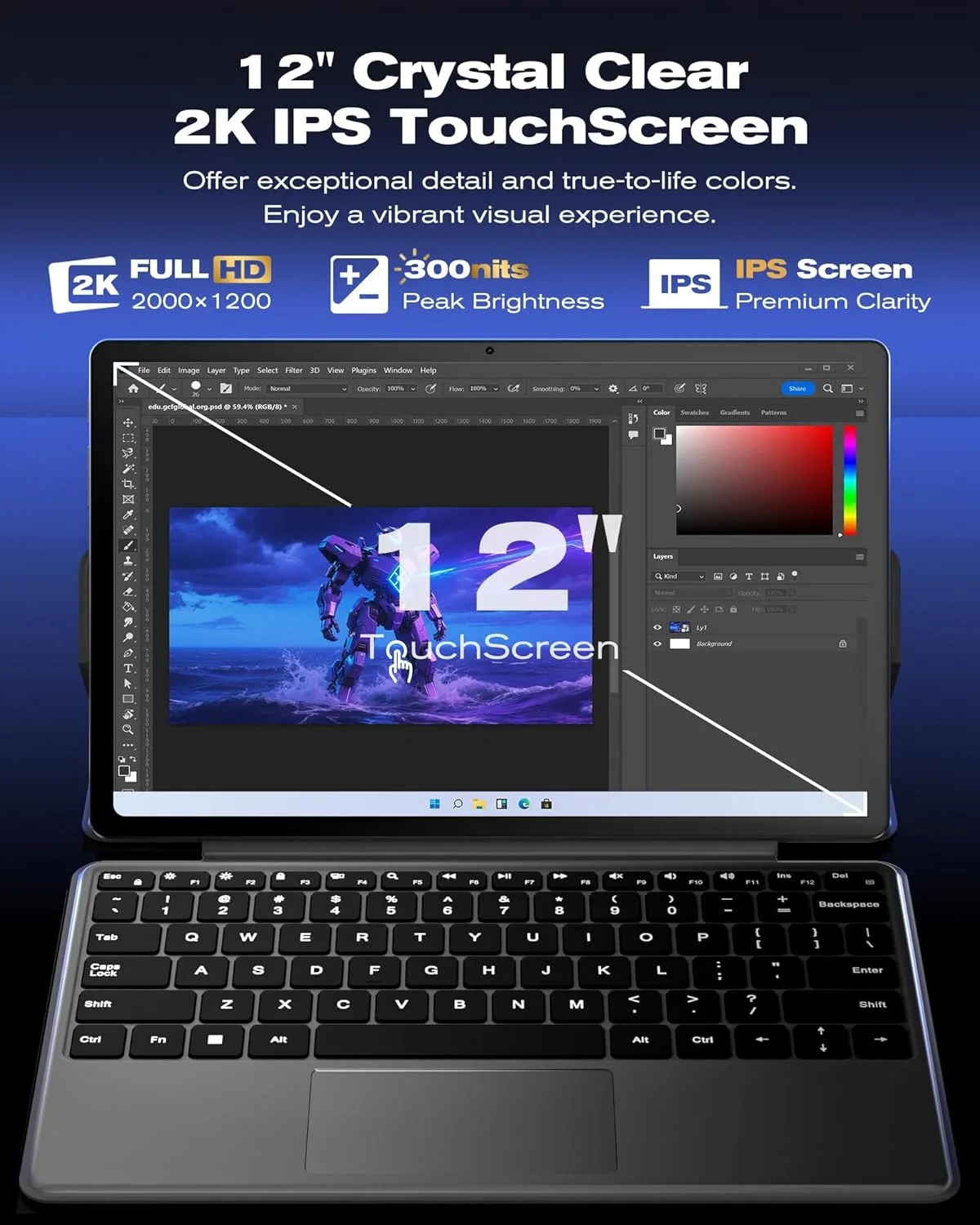 2-in-1 Laptop Tablet,12" 2K Touchscreen, N5095 Processor,12GB RAM 512GB SSD