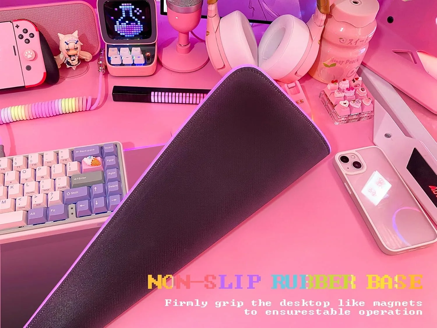 JMIYAV Pink Gaming Mouse Pad RGB Mousepad 31.5x12In Non-Slip Rubber Base Extra Large Cool XL XXL Computer Desk Pad Gaming Accessories Setup LED Light Up Big Mouse Pad for Gamer Black Pink Gradient