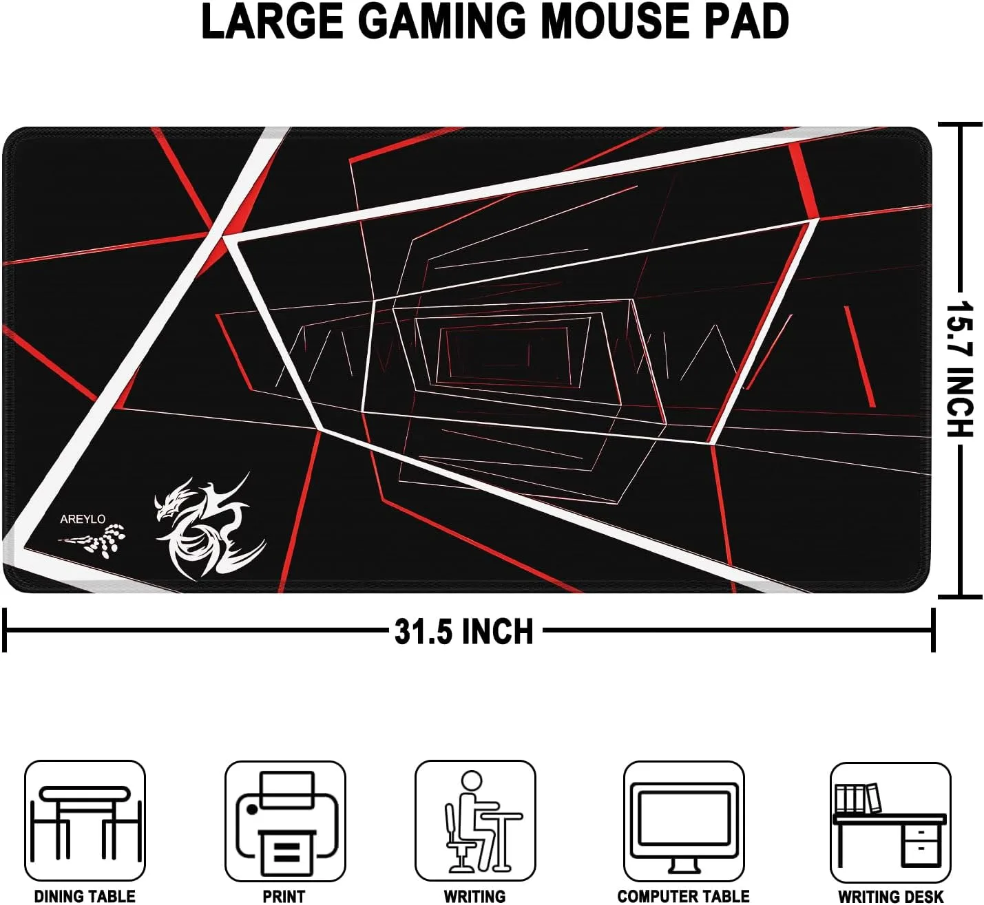 Large Gaming Mousepad, Waterproof Extra Large Mouse Pad with Stitched Edges, 31.5" x 15.7" Non-Slip Rubber Base Office Big Long Keyboard Pad for Office Gamer Home XXL, (Red Square)