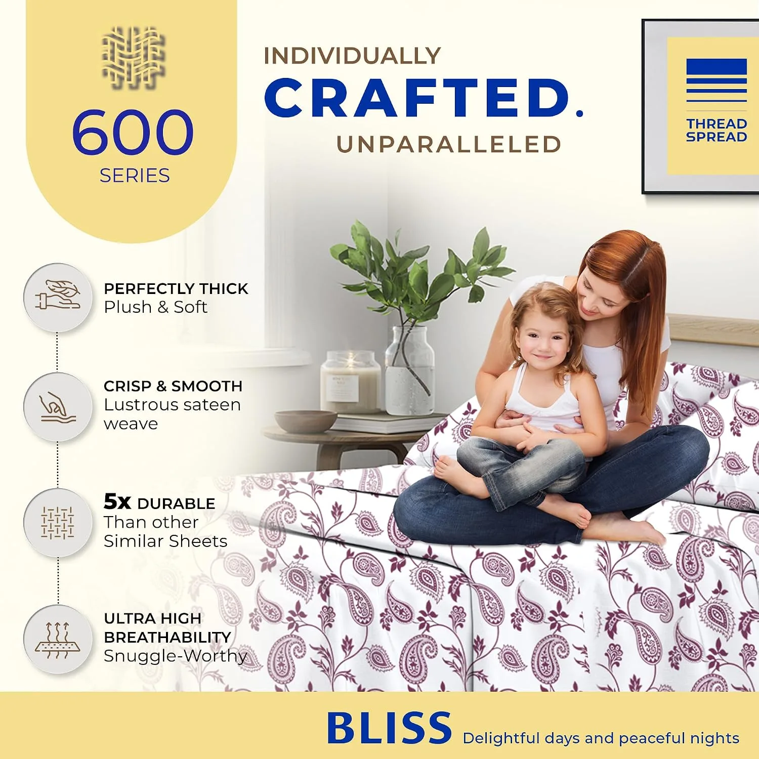 THREAD SPREAD Egyptian Cotton Sheets King Size - Luxury 600 Series King Size Sheets Set (4 PC, Paisley), 16" Deep Pocket All Around Elastic, Soft, Cooling, Sateen Weave, Durable Hotel Bed Sheet Sets