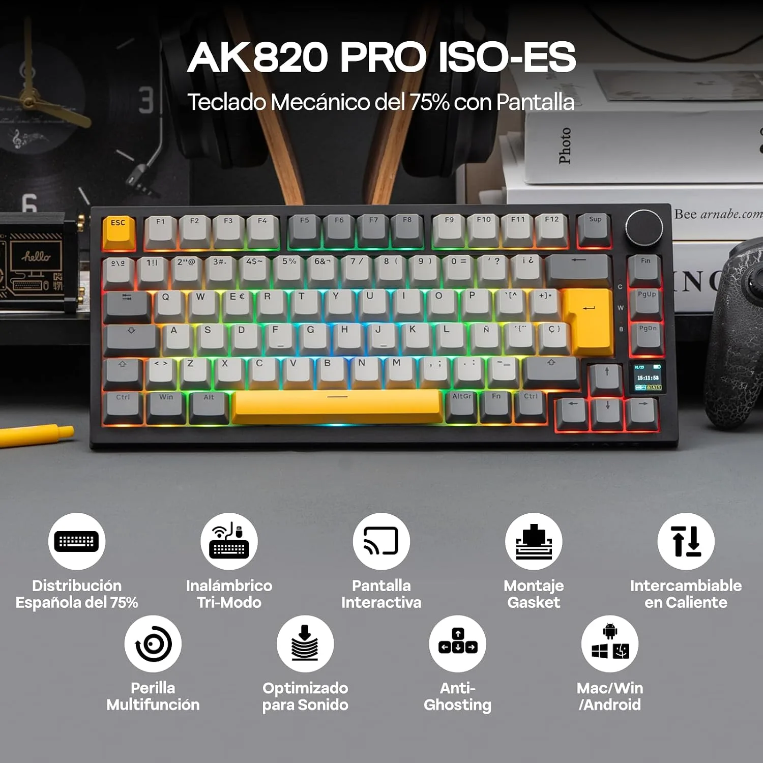 EPOMAKER Ajazz AK820 PRO Teclado Mecánico Inalámbrico con Perilla