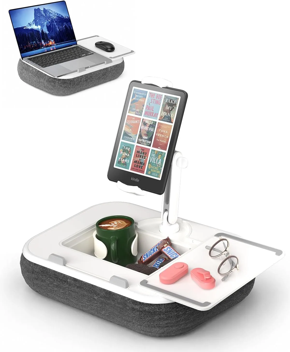 Viozon Kindle Pillow Stand Holder, Phone Holder for Bed, Laptop Lap Desk with Mouse Pad,Compatible with 4.7-13" Kindle/Tablet/Phone,10-15" Laptop, Snack Bowl&Cup Attachment&Detachable 360°Stand Arm