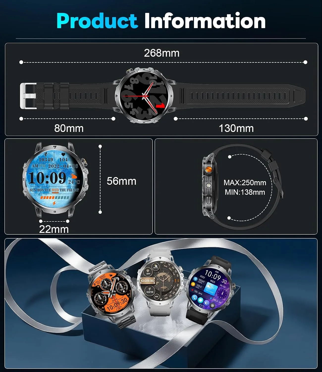 LIGE Military Smart Watches for Men(3 Bands),1400mAh/1.85" HD Large Screen Smartwatch, Flashlight/110+ Sports Modes/IP68 Waterproof/Sleep Monitor, Fitness Tracker Watch for Android iOS,Jet Black