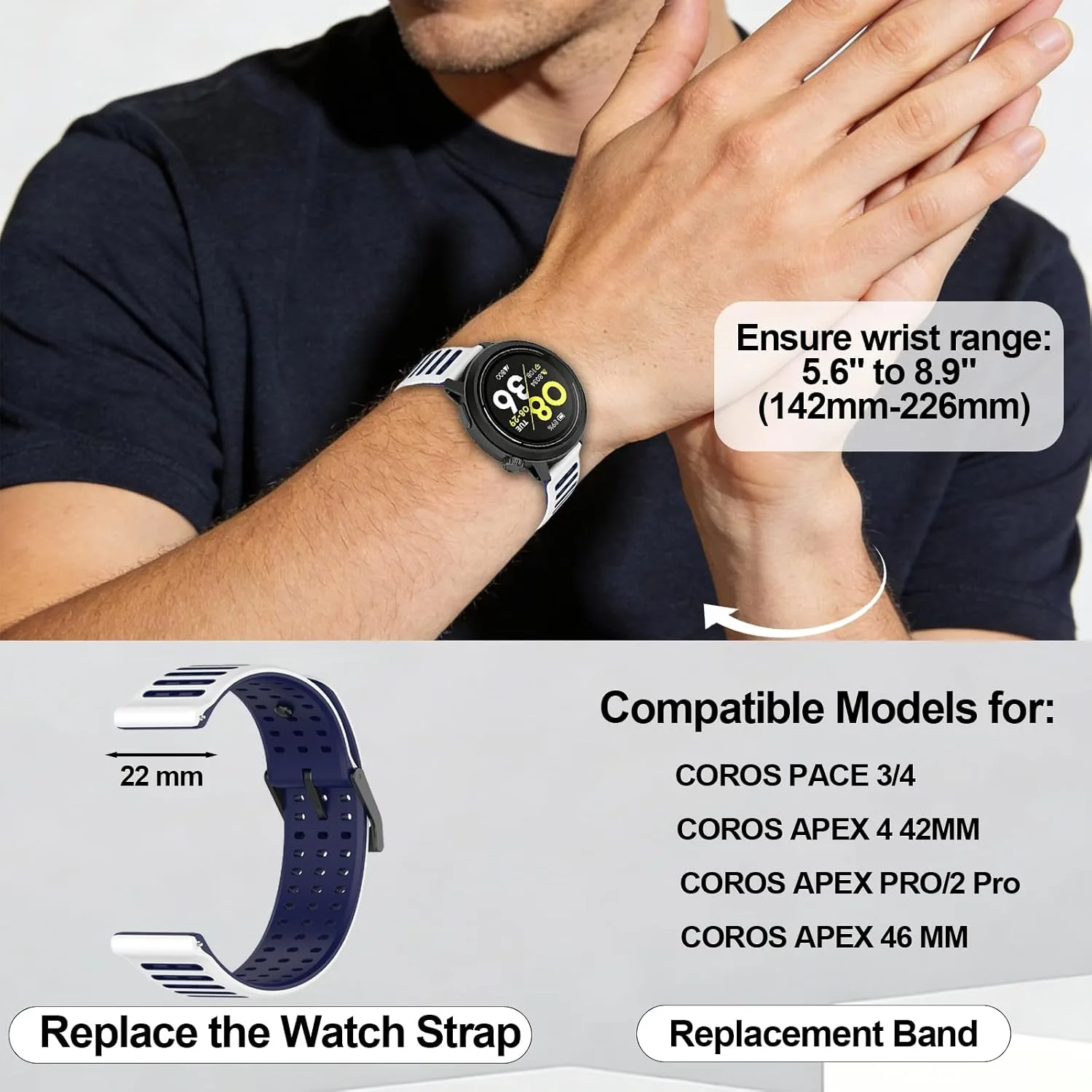 Silicone Replacement Bands Compatible with COROS PACE 3/4/Pro, COROS APEX PRO/2 Pro/APEX 46 MM/4 42MM, Soft & Breathable Smartwatch Straps for Women and Men