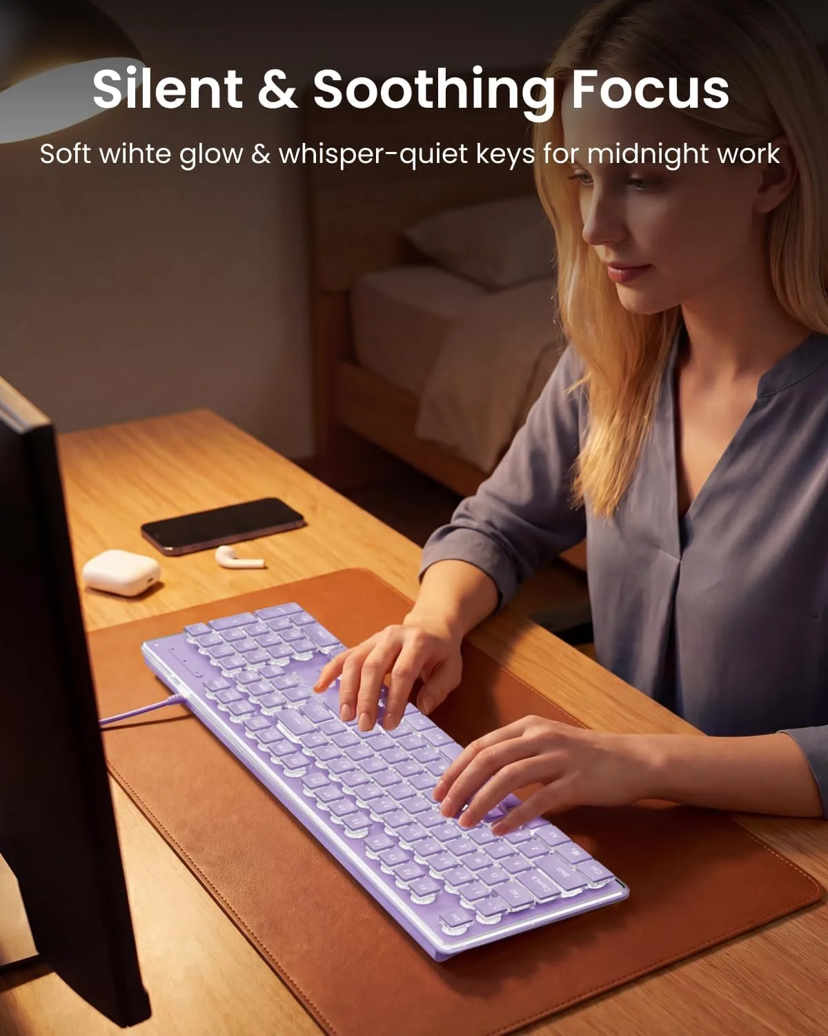 Wired Keyboard with White Backlit, Never Fade, Soft Click Typing, Purple