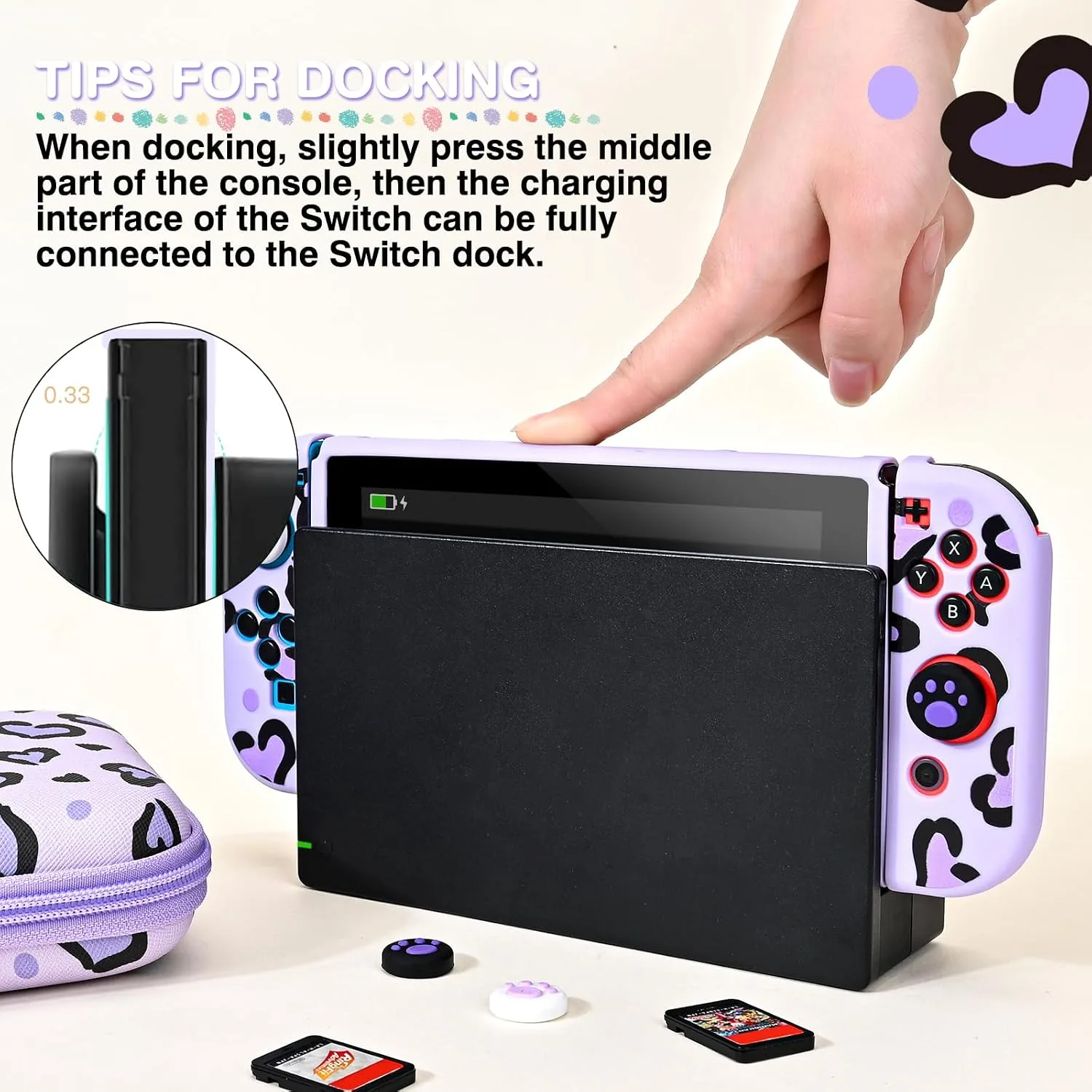 DLseego Love Heart Leopard Carrying Case for Switch 2017 Accessories Set, Portable Carrying Case with 1 Soft TPU Shell & 1PCS Plush Heart Pendant & 12 Slots & 4PCS Cat Paw Thumb Grips Caps- Purple