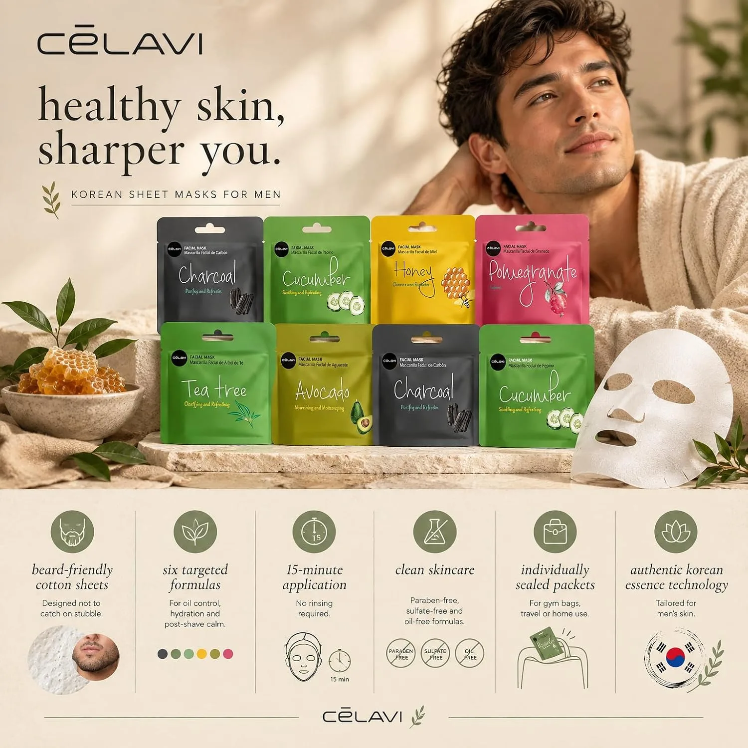 celavi Essence Facial Face Mask Paper Sheet Korea Skin Care Moisturizing 12 Pack (Mix - 2 of Each)