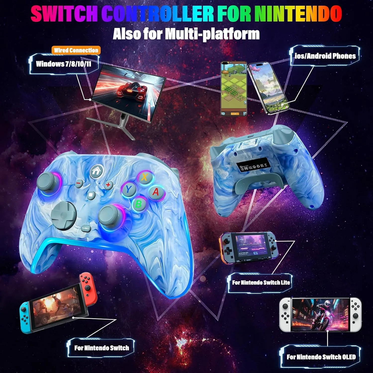 RJAD Switch Controllers Wireless for Nintendo Switch/Lite/OLED/Switch 2, 1200mAh Pro Controller, 10 Colors LED Switch Light up Gamepad, Switch Turbo Remote with Turbo/Gyro/Vibration/Motion Control