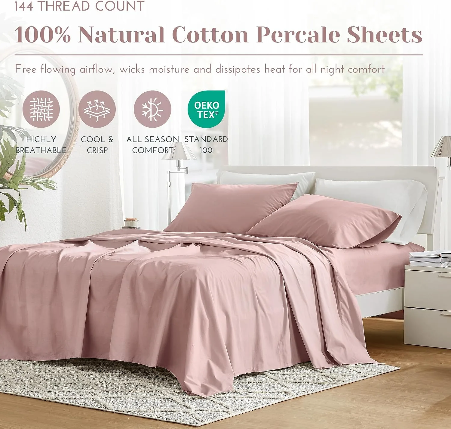 Comfort Spaces 100% Cotton Percale Sheets Queen Sheet Set 4 Pcs, Pink