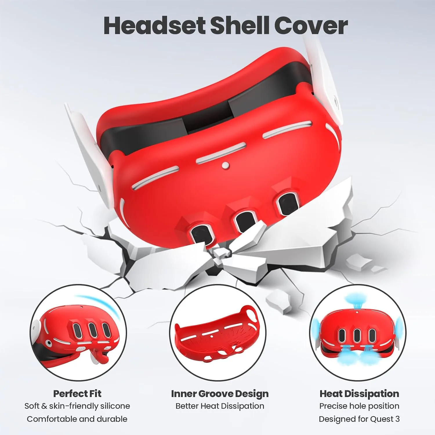 Silicone Cover Compatible with Meta/Oculus Quest 3 Accessories, VR Silicone Face Cover, VR Shell Cover,Touch Controller Grip Case,Camera Lens Protector Set (Red)