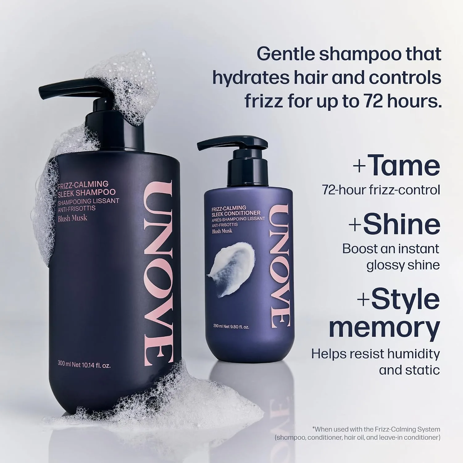 UNOVE Frizz-Calming Sleek Shampoo, Anti-Frizz Hydrating Shampoo for Frizzy Hair, Gentle Cleansing Shampoo for Softness & Glossy Shine, Humidity-Resistant Frizz Control, Blush Musk, 290 mL / 9.80 fl oz