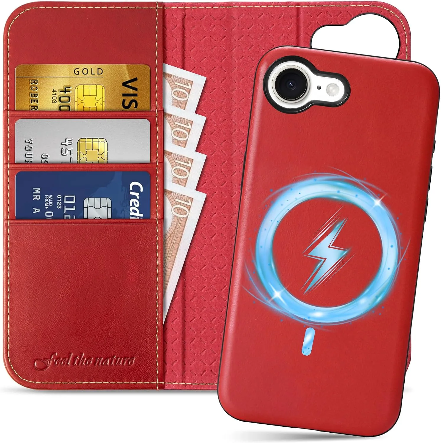 SHIELDON 2 in 1 Genuine Leather Wallet Case for iPhone 17e 6.1", Retro Red