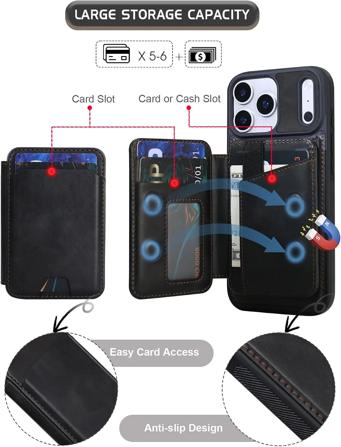 Magnetic Detachable Wallet Case for iPhone 18/17 Pro Max with Kickstand,2-in-1 MagSafe Compatible RFID Blocking Card Holder,Slim PU Leather Cover Vintage Black