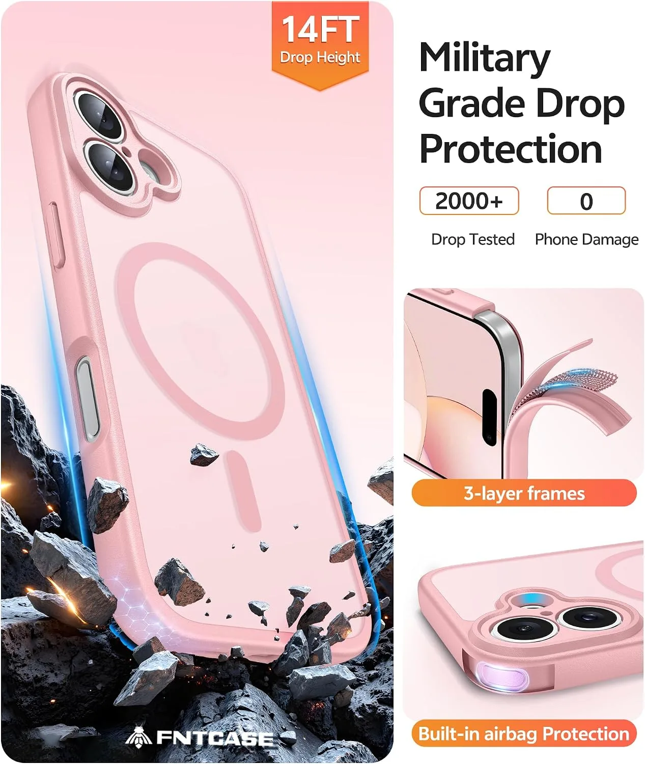 FNTCASE for iPhone 16 Case, Fit for Magsafe, Light Pink