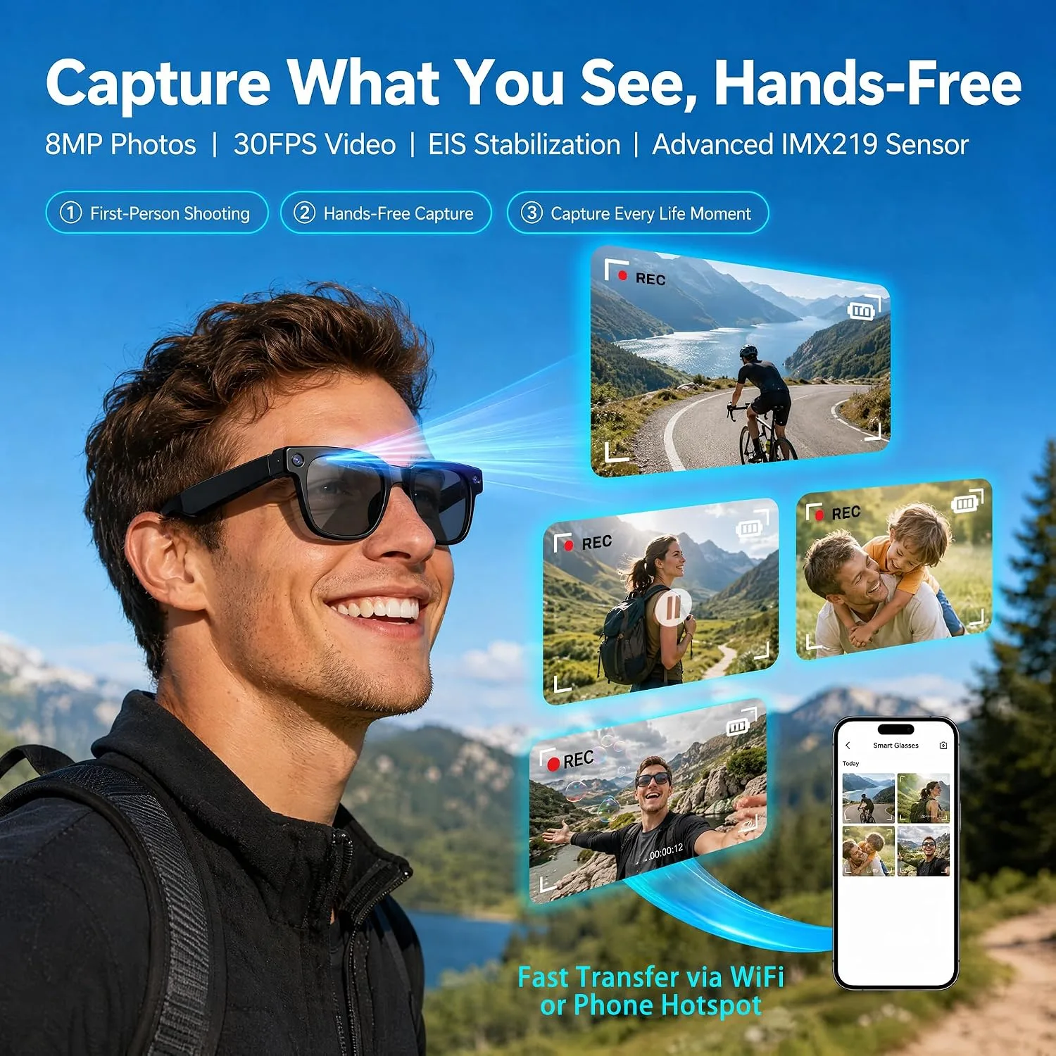 AI Smart Glasses with Camera, 8MP Photo & 1080P HD Video/Audio Recording