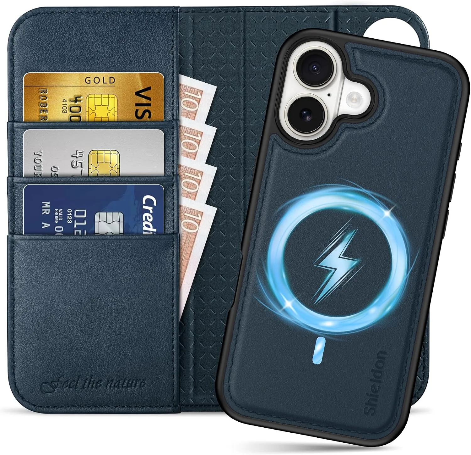 SHIELDON 2 in 1 Genuine Leather Wallet Case for iPhone 17 6.3", Navy Blue