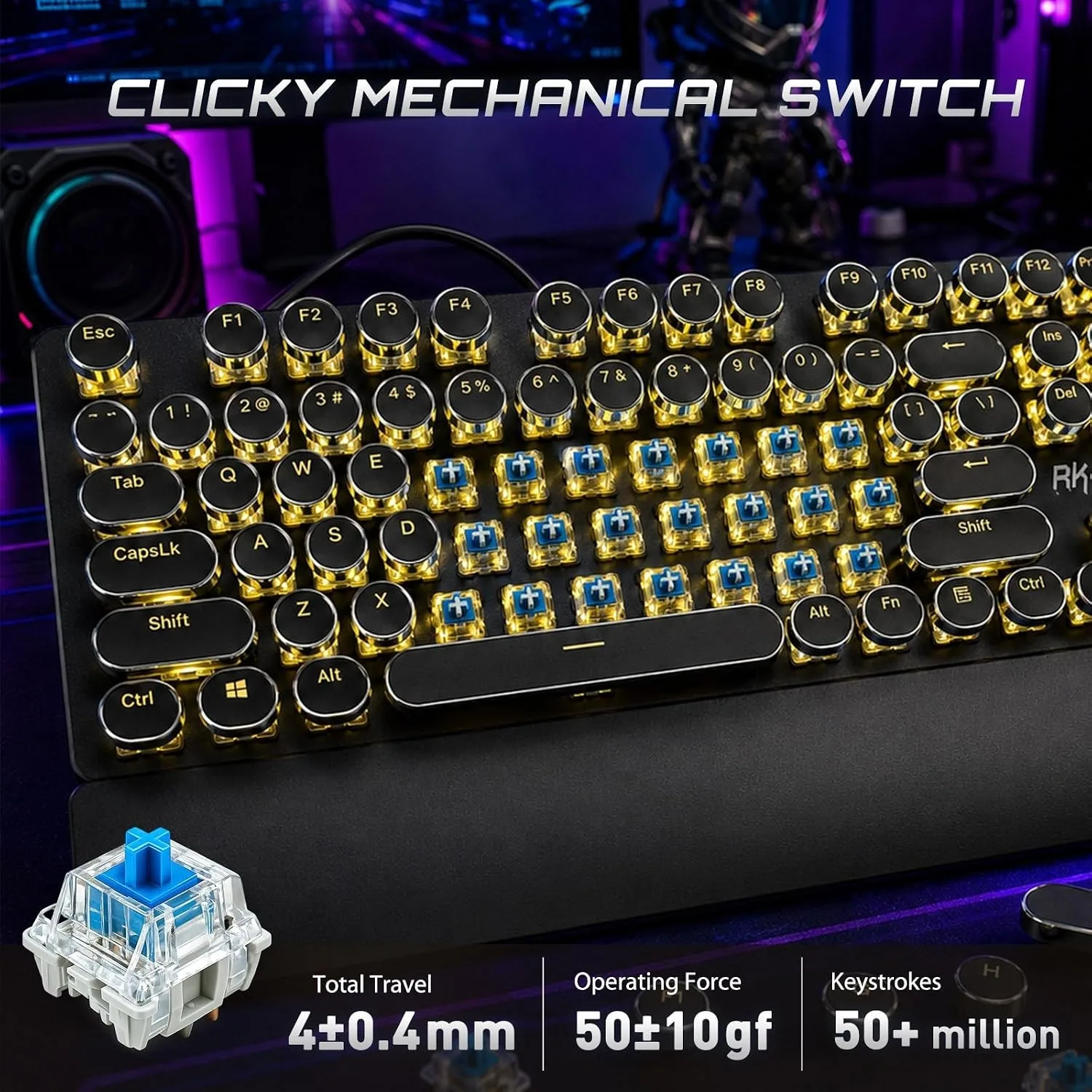 RK ROYAL KLUDGE S108 Typewriter Mechanical Keyboard, Wired Gaming Keyboard with Number Pad, Full Size Retro Keyboards w/Detachable Wrist Rest for Mac/Win/PC, Clicky Blue Switch, Yellow Backlit Black