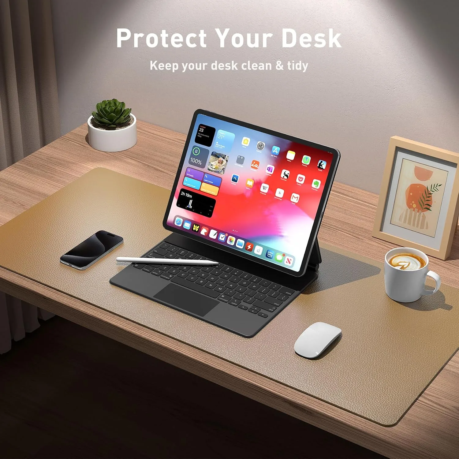 Aothia Faux Leather Desk Mat, Waterproof Desk Pad (Khaki, 23.6" x 13.7")
