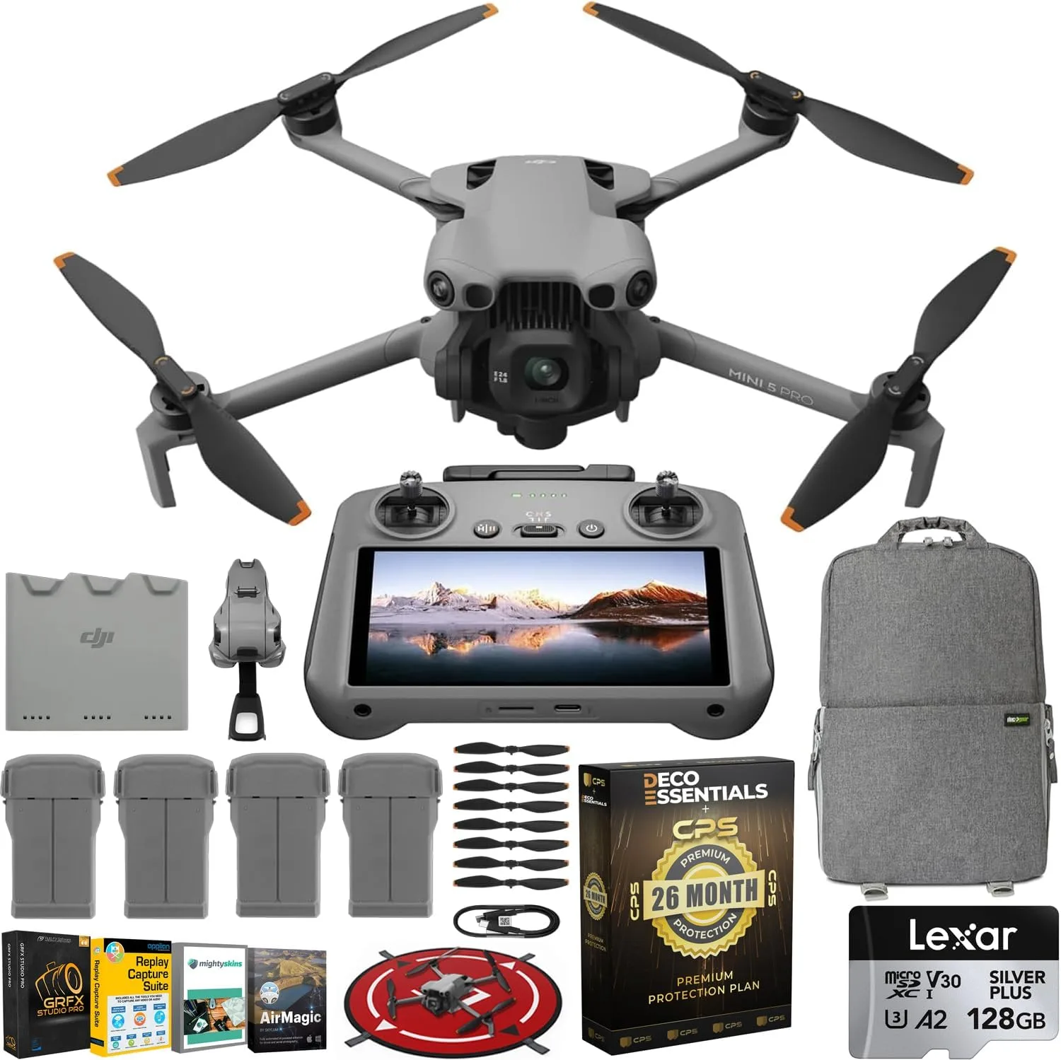 DJI Mini 5 Pro Drone Fly More Combo (RC 2) 1" CMOS Sensor, 4K Video, Obstacle Sensing, 4 Battery Bundle with Deco Essentials CPS Exclusive 26 Month Protection Pack, Software & Accessory Kit