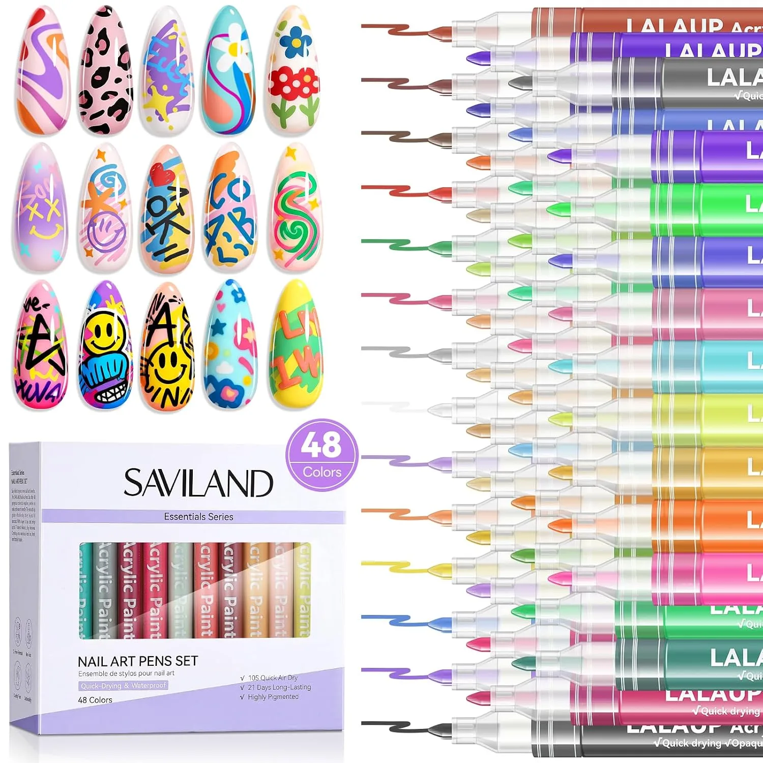 SAVILAND 48 Colors Nail Art Pens Set, 0.7mm Fine Tip Nail Polish Pens