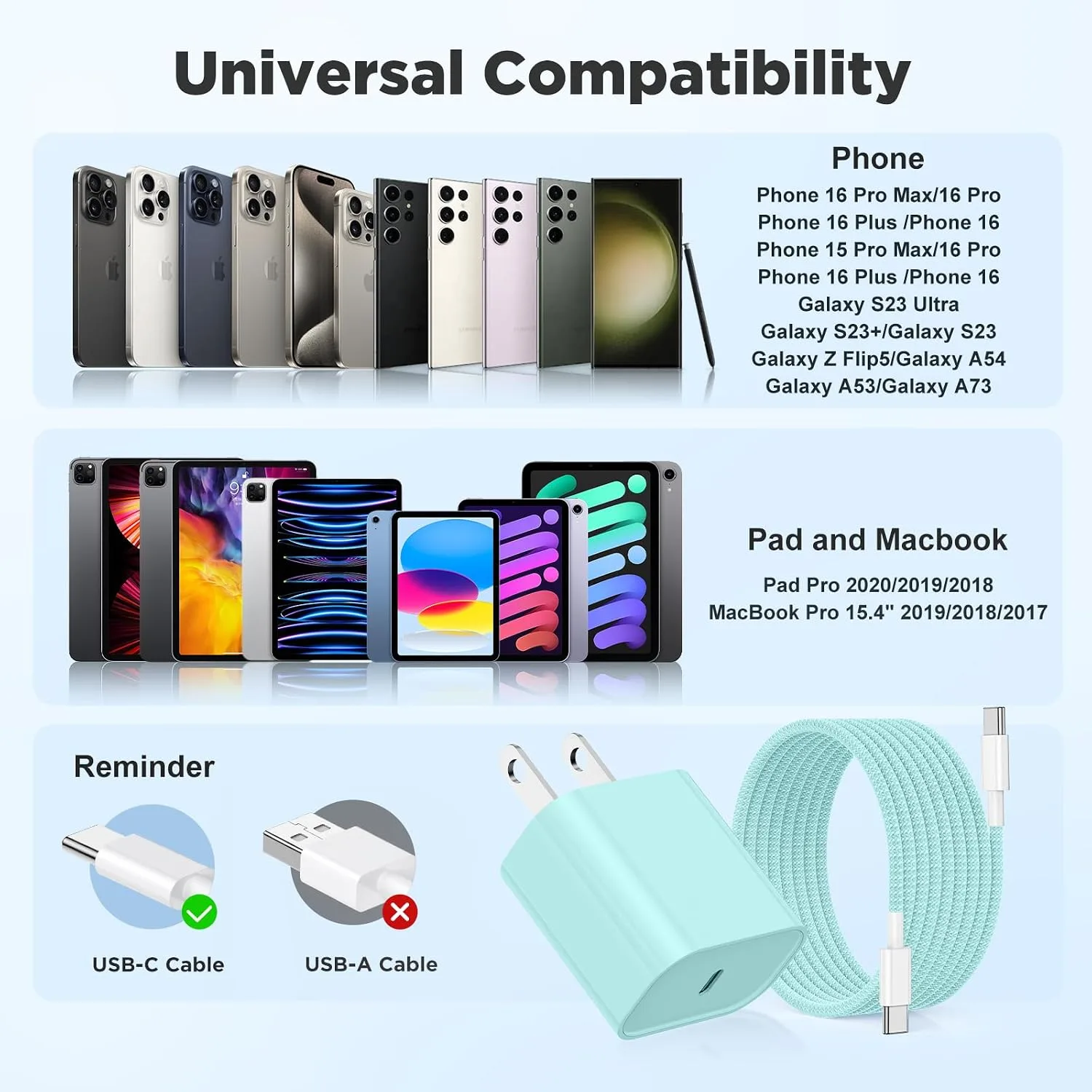 20W USB C Fast Charging for iPhone 17 Air/16/15 Pro Max,2Pack Colorful Mixed Charger Block with Braided Long USB C to C Cables (6/6ft) Compatible with iPhone16 (Green, 6ft+6ft)