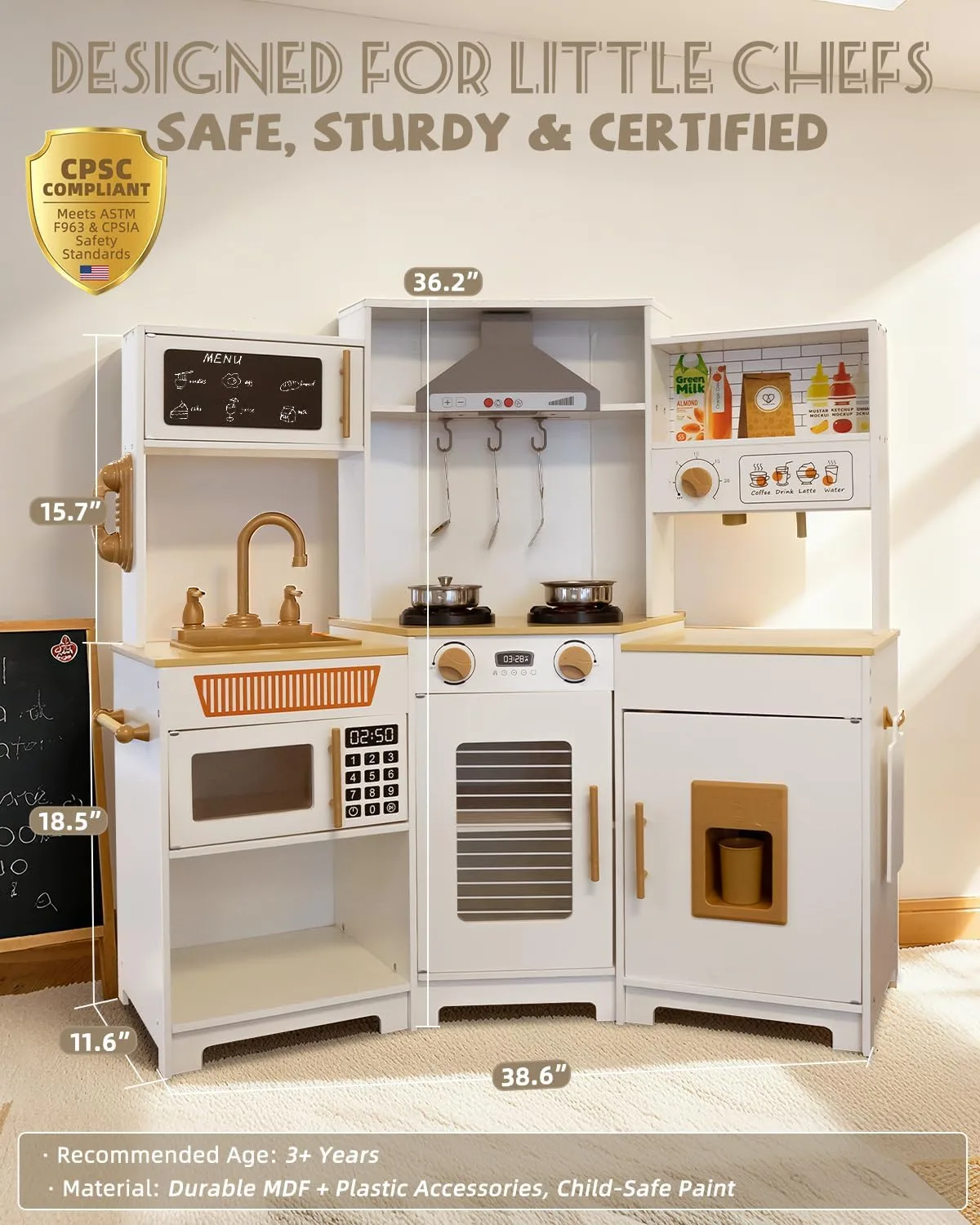 YUG Heavy-Duty Wooden Play Kitchen Set with Real Lights & Sounds, Compliant Premium Corner Pretend Kitchen Toy Including Stove, Oven, Ice Maker, Range Hood, for Kids Ages 3+, ASTM CPSIA Compliant