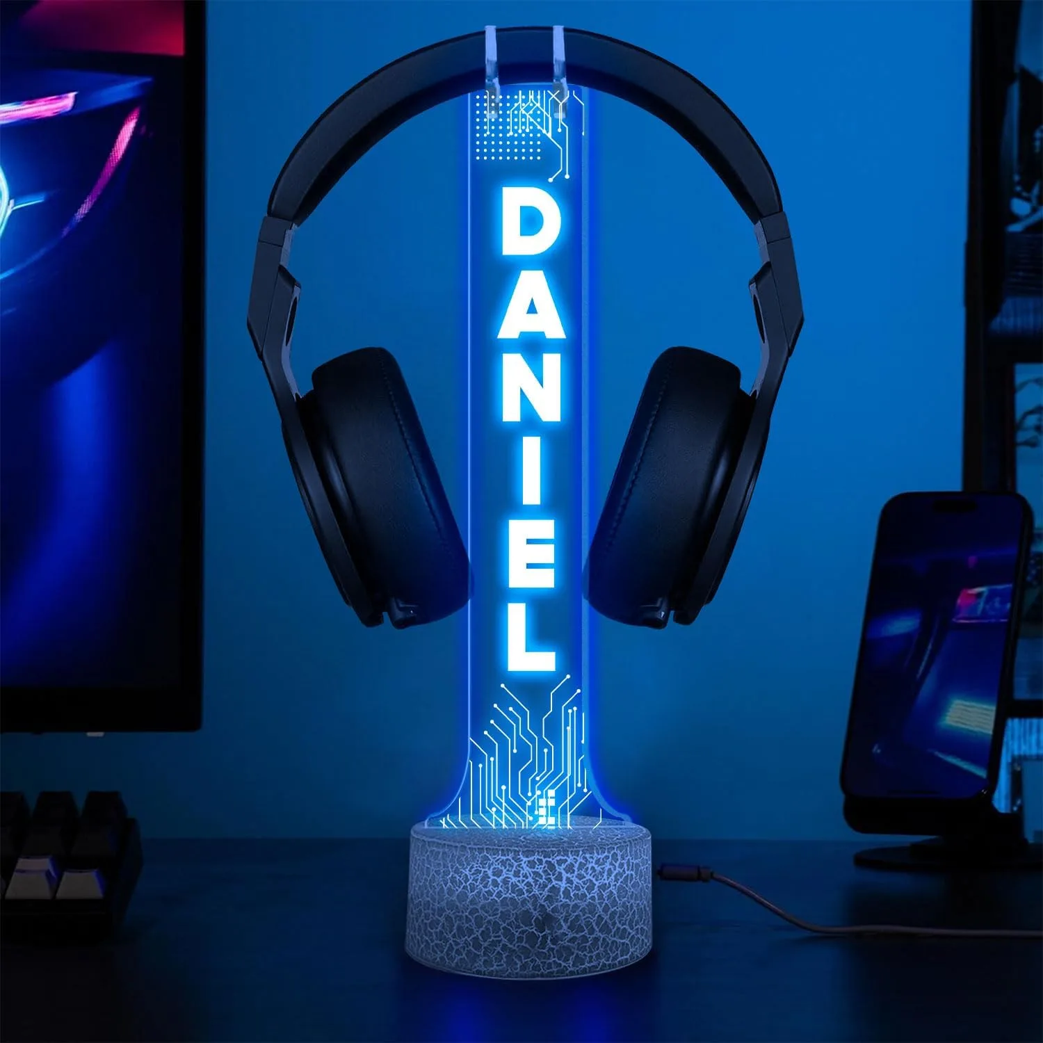 Personalized DJ Headphone Holder with RGB LED Lights, Custom Name Headset Holder for Gamers, Boyfriend or Him, 3D Light-Up Display, Cool Christmas or Birthday Gift for Music Lovers
