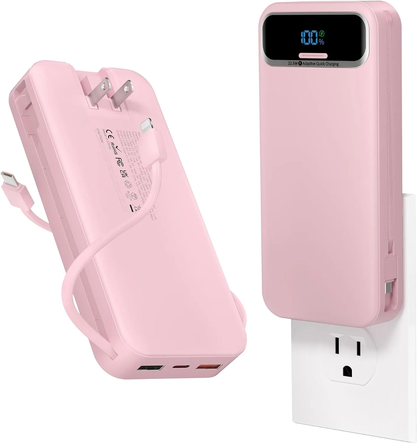 aonidi Portable Charger 20000mAh with Built-in Cables&AC Wall Plug, Pink