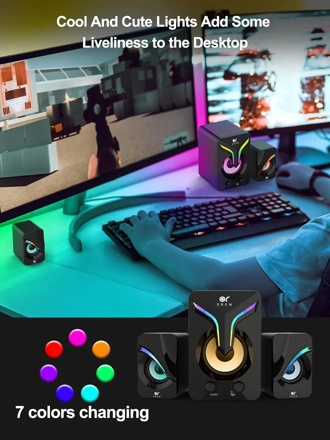 OR O R O W Computer Speakers,Mini PC Speakers with Subwoofer,2.1 Desktop Speaker with RGB Lights,USB Powered, Stereo Sound,Gaming Speakerwith 3.5mm Aux Cable for Monitor/Laptop/Tablet(S212)
