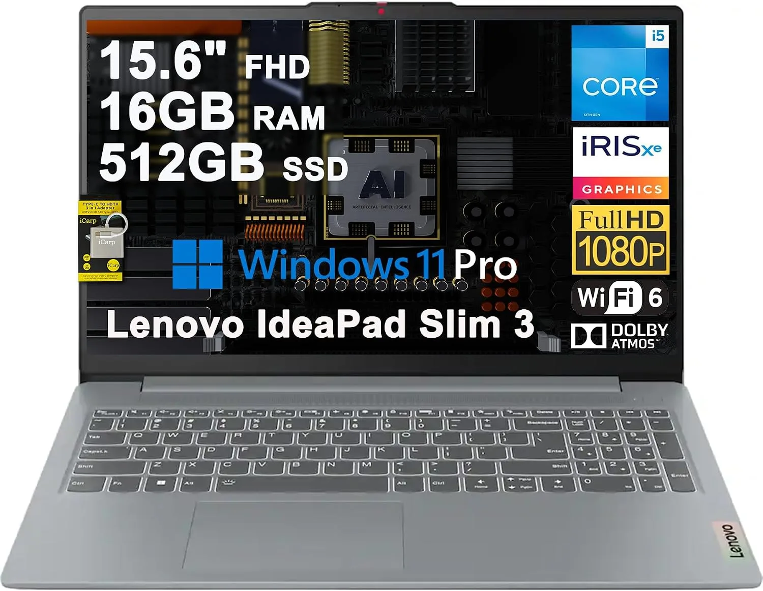 Lenovo IdeaPad Slim 3 Business Laptop 15.6" FHD Anti-Glare Intel 10-core i5-1335U 16GB RAM 512GB SSD Type-C Wi-Fi6 Long-Lasting Battery Rapid Charging Win11Pro ICP Acc