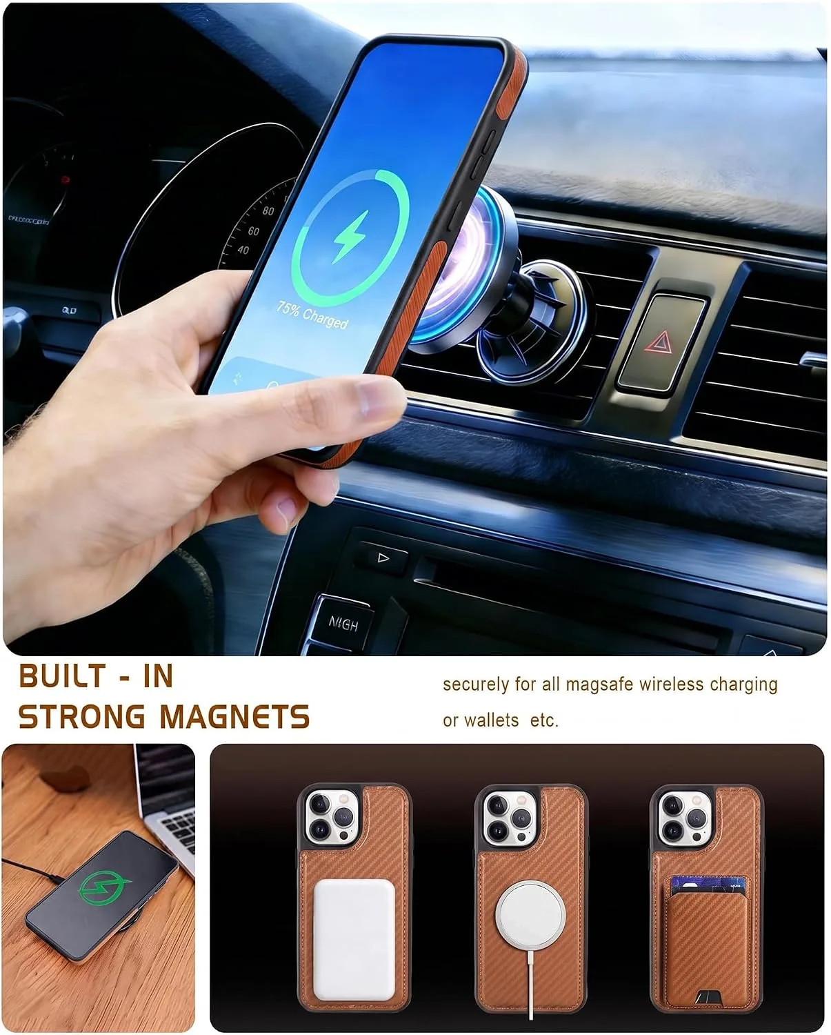 Magnetic Detachable Wallet Case for iPhone 13 Pro Max with Kickstand,2-in-1 MagSafe Compatible RFID Blocking Card Holder,Slim PU Leather Cover Carbon Coffee